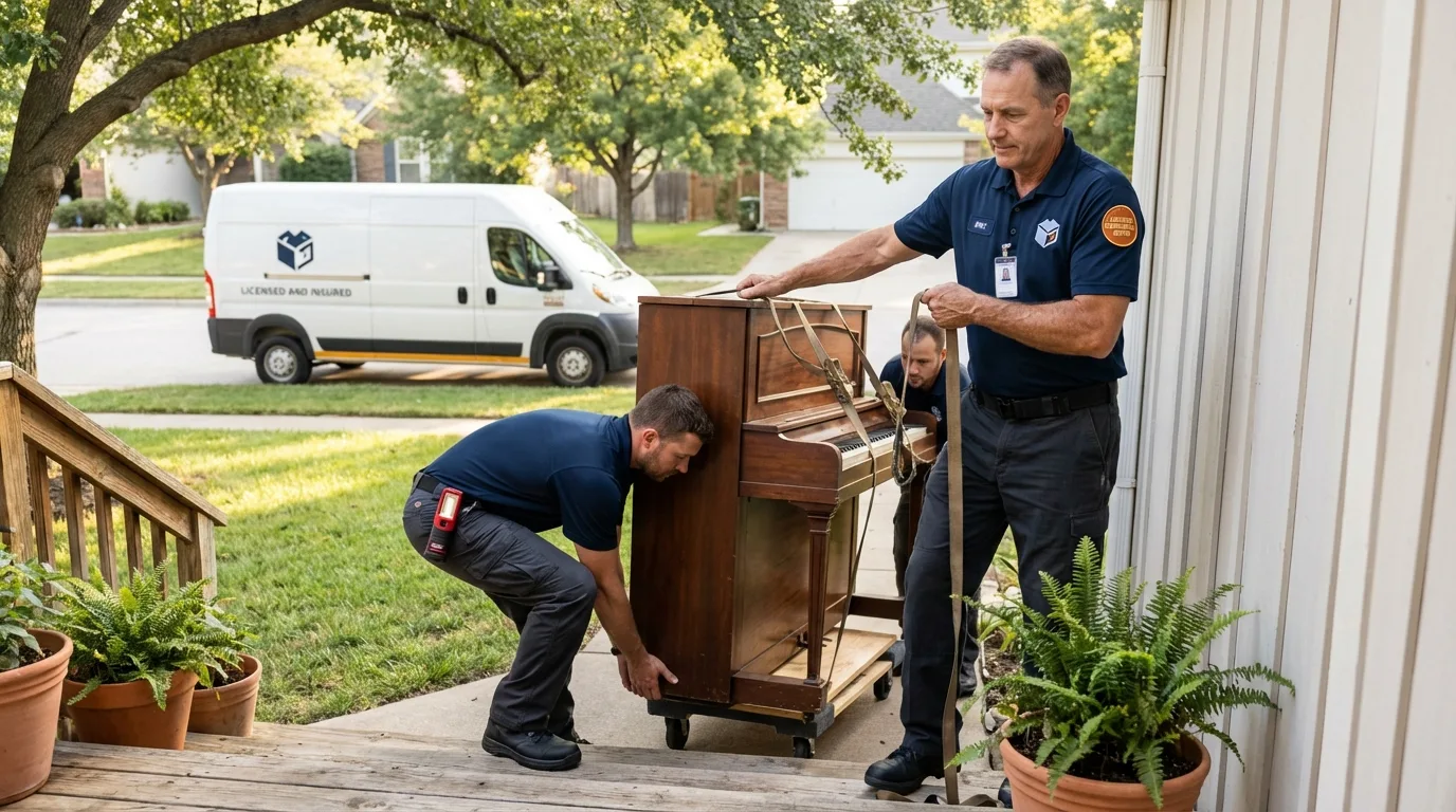 Licensed piano movers securing grand piano in Sunnyside, NY