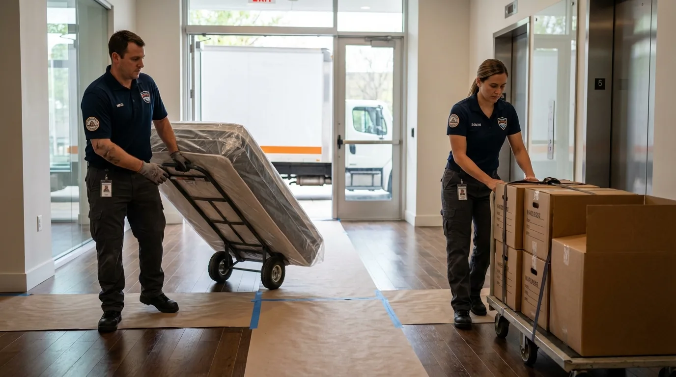 Professional apartment movers loading elevator in Sunnyside, NY